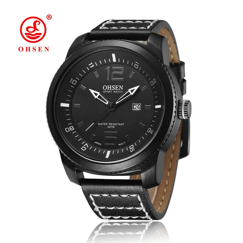 

NEW OHSEN Mens Sports Watches Auto Date Analog Running Climbing Quartz Wristwatch Water Resistant Leather Band Man Watch Relogio