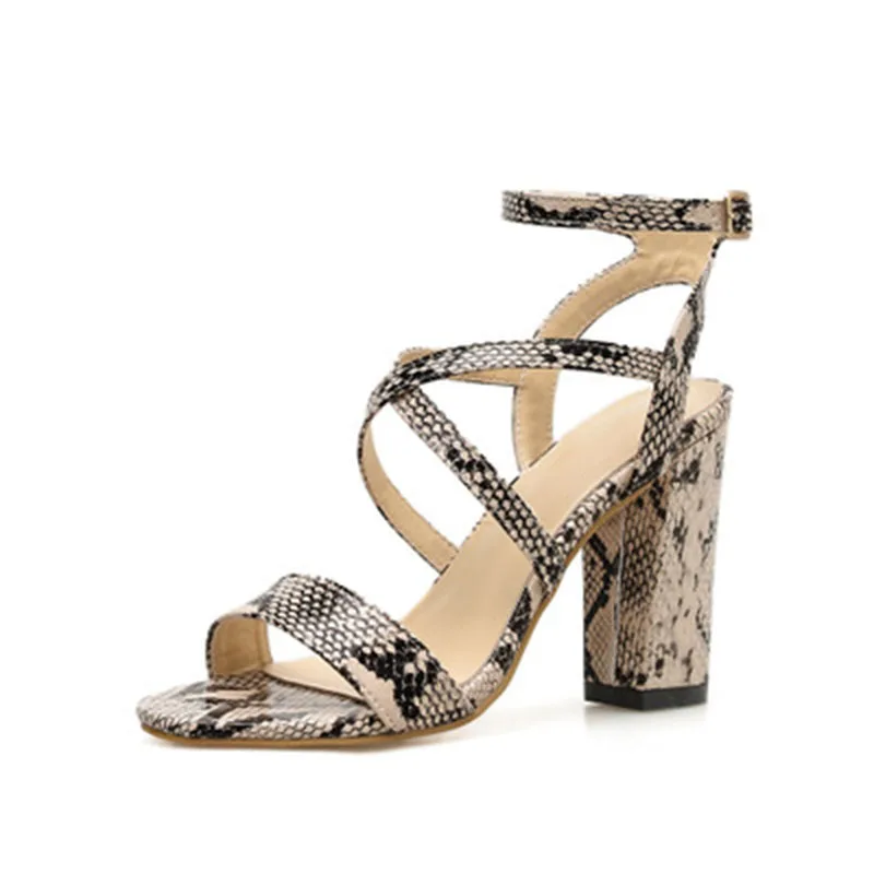 

High-heeled sandals 2019 new European and American sexy snake pattern hollow high-heeled and thick-heeled buckle sandals for wom
