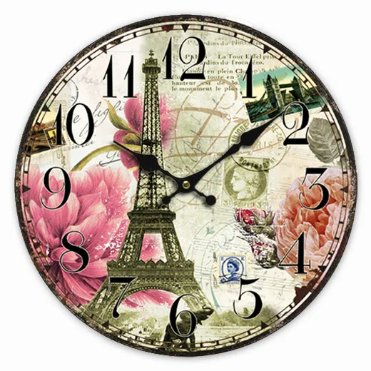 Retro Vintage Style Large Clock French Paris Eiffel Tower Pink Flower