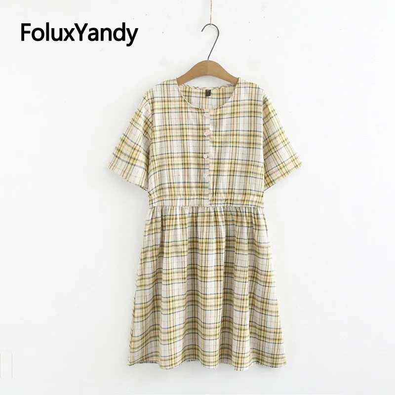 

Casual Plaid A-line Summer Dress Women O-neck Cotton and Linen Short Sleeve Plus Size Dress Vestidos KKFY3493