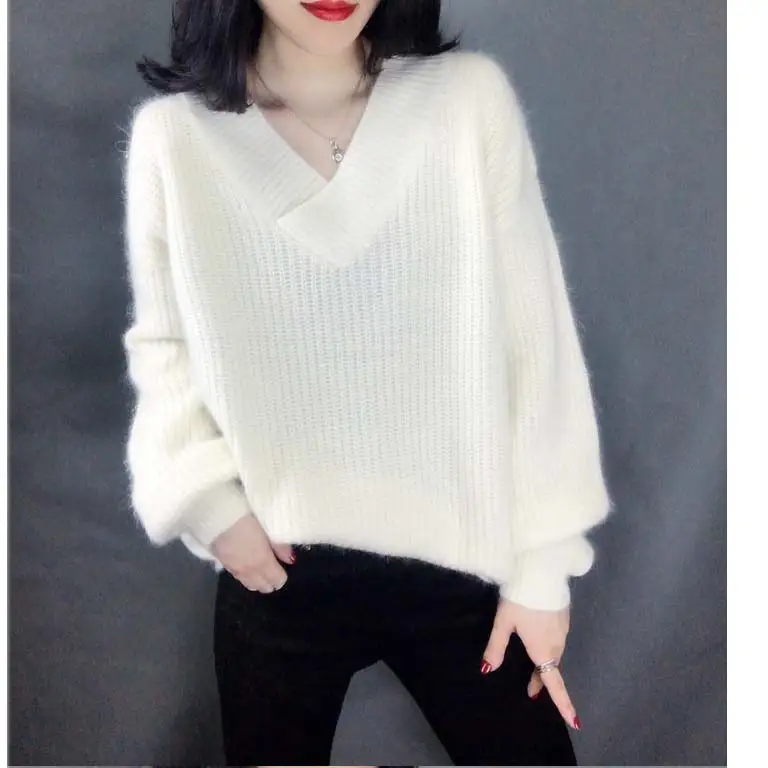 Disaplucacelove Корейский фонарь с длинным рукавом свитер женский свободный свитер утолщенный на плечах глубокий v-образный вырез вязаный свитер