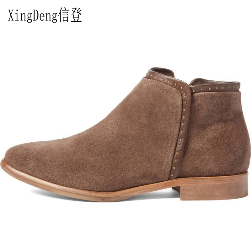 

XingDeng Ladies England Ankle Western Spring Autumn Boots Shoes 34-43 Women Nubuck Rivets Flat Square Heels Martin Boots Shoes