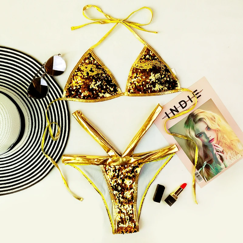 

high waist bikini set 2019 summer sexy Sequins Solid Swimwear women Brazilian Swimsuit Halter Bandage Biquini Beach Bathing Suit