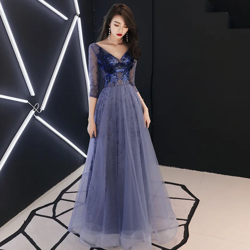 Фиолетовое вышитое китайское Восточное Свадебное женское платье-Ципао Элегантное Вечернее Платье Современные половинные рукава