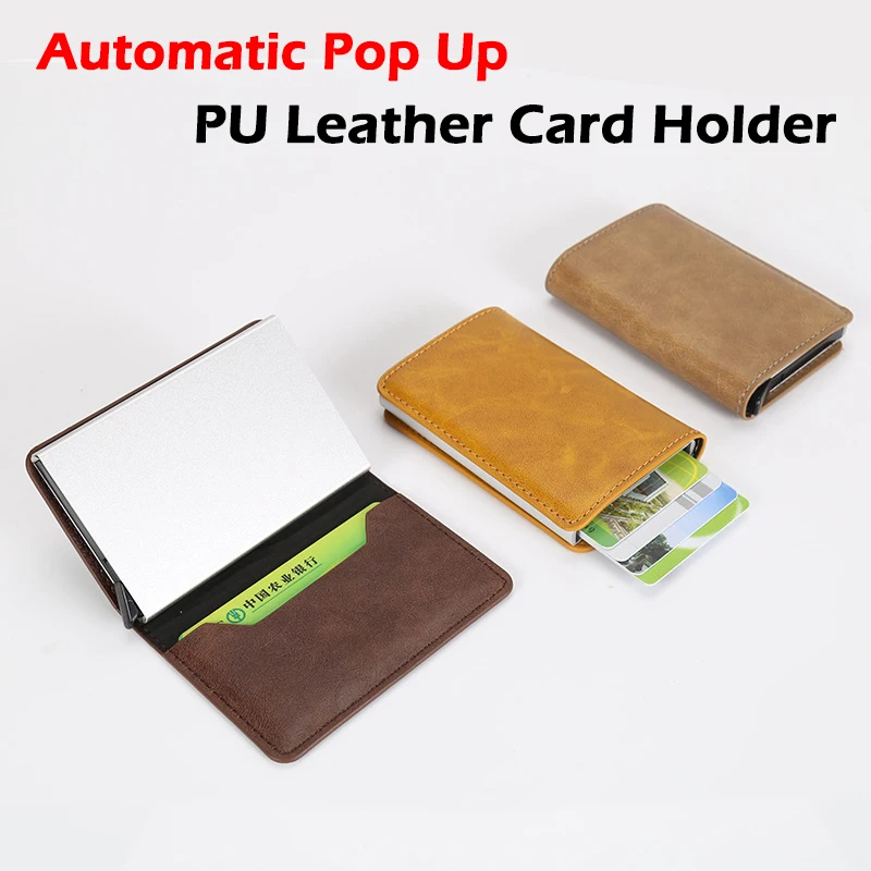 

Men RFID Aluminium Alloy Credit Card Holder PU Leather Metal Card Holder Wallet Antitheft Men Wallets Automatic Pop Up Card Case