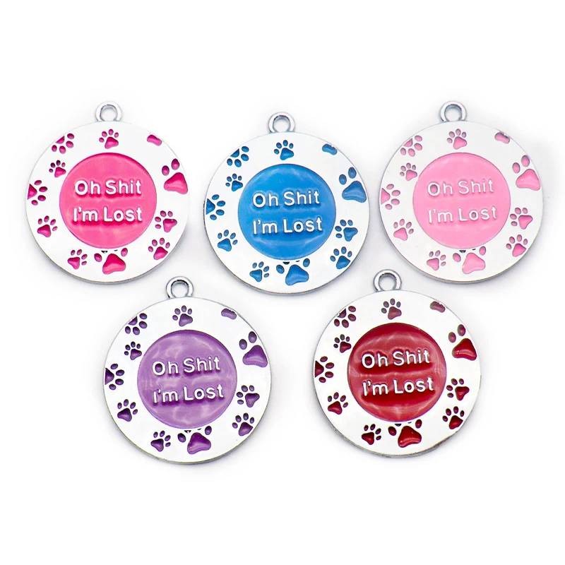 Custom pet tag ID, Personalized Stainless Steel Oh Shit I'm Lost Dog tag,  Engraved Cute paw for Puppies with Ring Included (Shiny Round Cat)