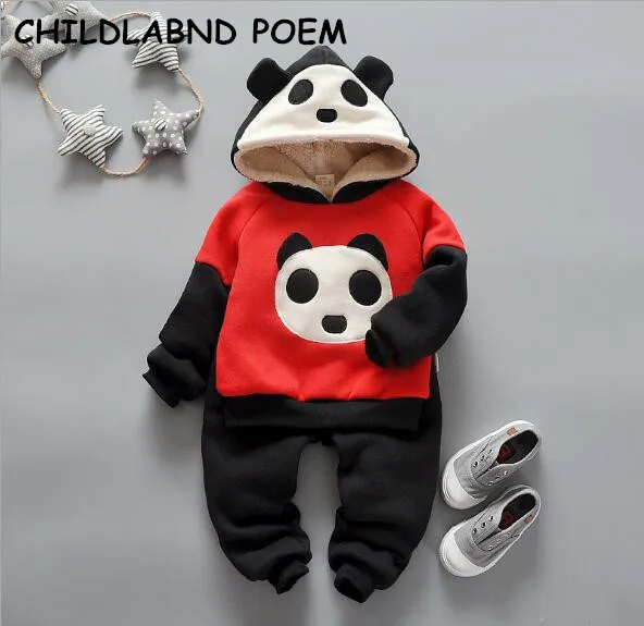 

2017 spring winter baby boy clothing set thick fleece baby clothes panda children clothing set cartoon baby girl clothing set