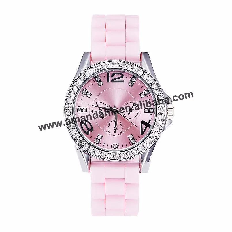 Большая распродажа оптом женские часы со стразами модный силиконовый браслет часы Серебрянное ожерелье цвета желе без логотипа наручные часы