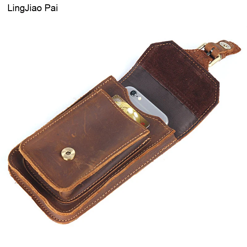

LingJiao Pai Vintage Genuine Leather Waist bag Ipad Mini Cowhide waist pack bag money belt waist pouch Men Bag