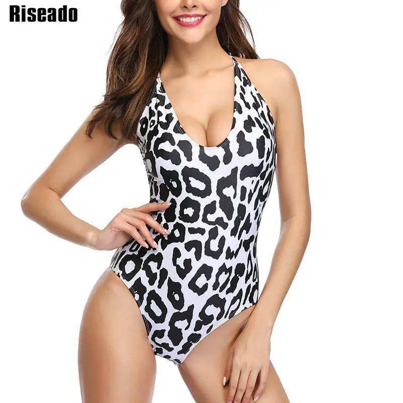 

Riseado New Sexy One Piece Swimsuit 2019 Swimwear Women Leopard Printing Bathing Suits Cross Strap Summer Beach Wear Female