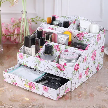 

Fashion cosmetics desktop storage box with drawer wooden Large imitation leather storage dressing cosmetics storage box