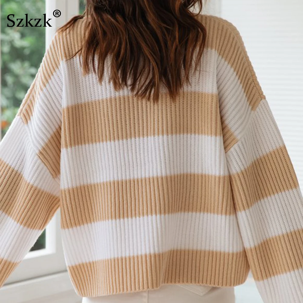 Szkzk, Женский пуловер, Вязанная одежда, Осенний джемпер, Свободный Полосатый свитер, осенняя одежда для женщин,, длинный рукав, вязанный Топ, зимние свитера