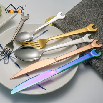 

5pcs Creative Wrench Shape Fork Spoon Tableware Stainless Steel Steak Knife Dinner Fruit Dessert Tea Spoon Picnic Camping