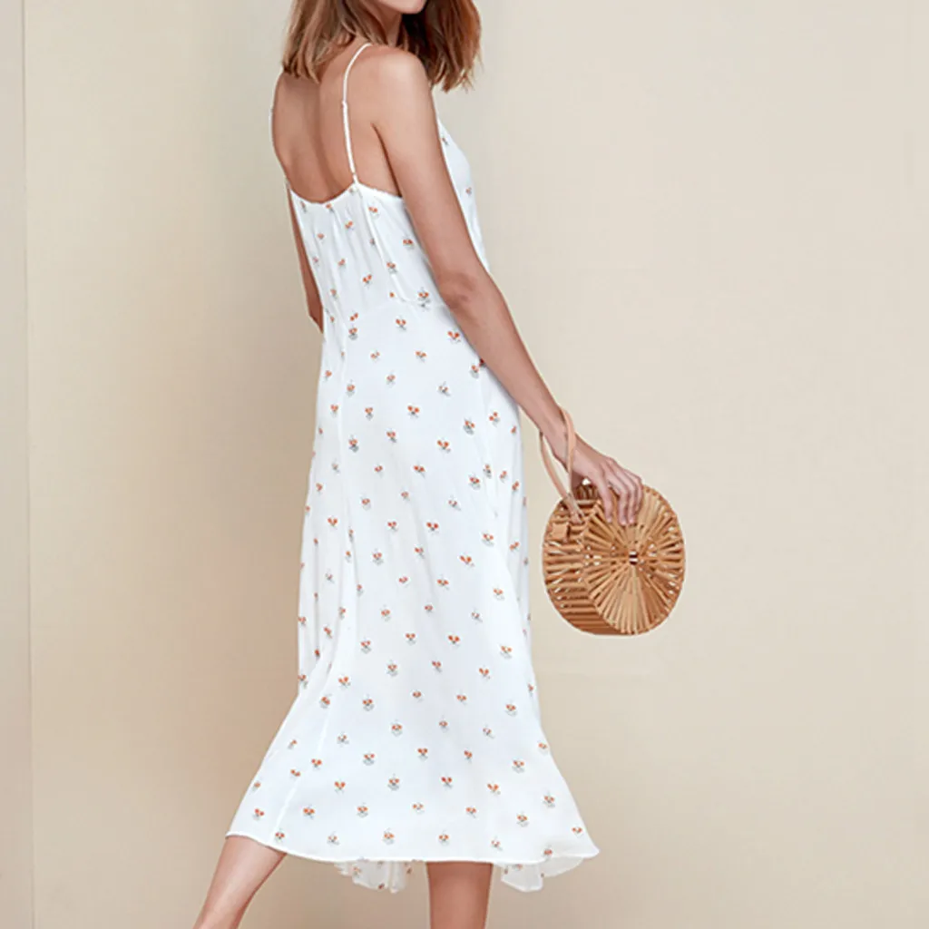 

New Arrived Women Fashion Plus Size Print Polka Dot V-Neck Dress White Color Ruffles Sleeveless Camis Loose Dress Dameskleding#C