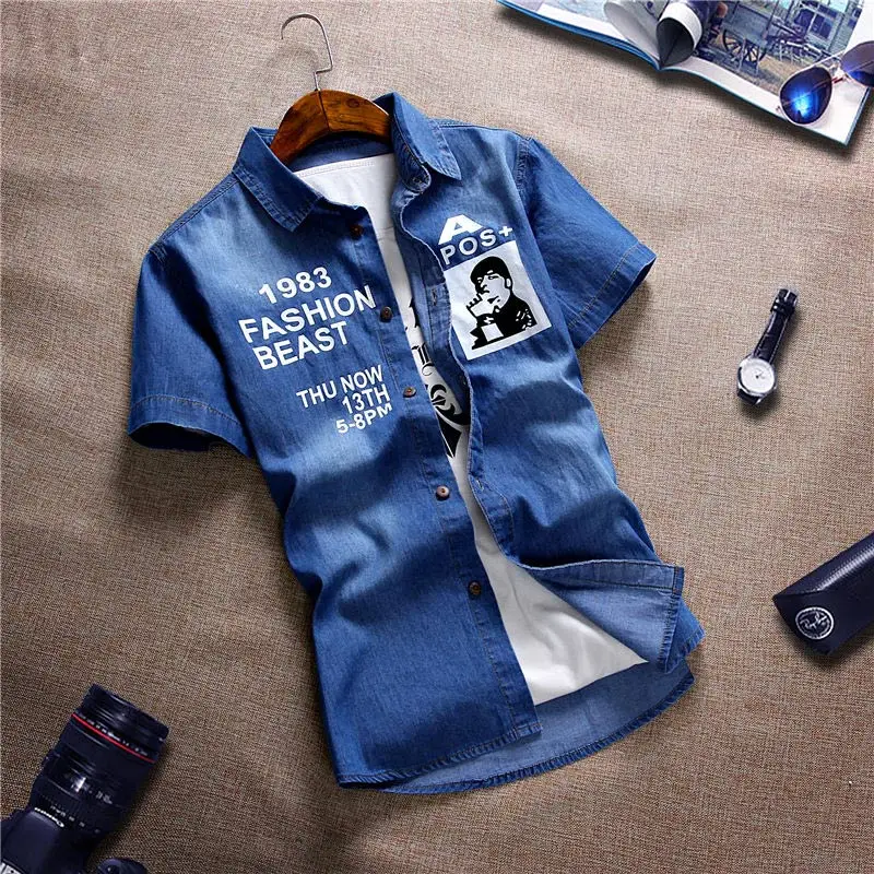 VERSMA Лето Camisa Social Masculina джинсовая мужская рубашка приталенная с коротким рукавом Хлопок Social джинсовая рубашка для мужчин одежда - Цвет: Denim Blue