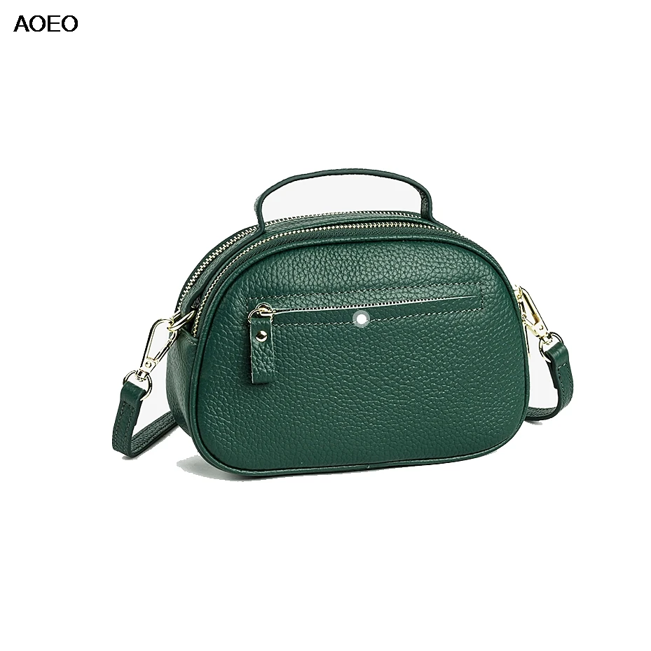 

AOEO Women Shoulder Bags handle Mini Genuine Leather Handbag Double Zipper Ladies Messenger Bag Small Cowhide Girl Bag