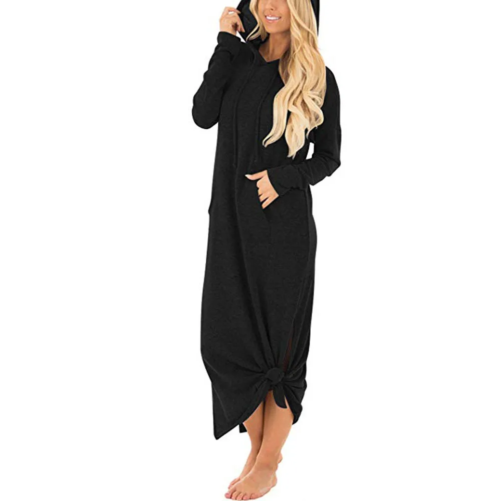 

Casual dress women 2019 summer Pockets Long Sleeve Split Hooded beach dress Fashion Loose Solid Long Maxi party Dress vestidos