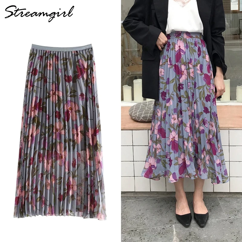 

Streamgirl Women Long Skirt Summer Print Skirts Pleated Womens Floral Long Pleated Skirt High Waist Chiffon Skirts Maxi Summer