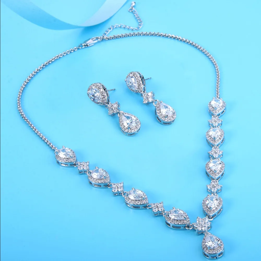 

Tuliper Clear Cubic Zircon Teardrop Bridal Jewelry Set Wedding Necklace Earrings Set For Women Bride & Bridesmaid Party