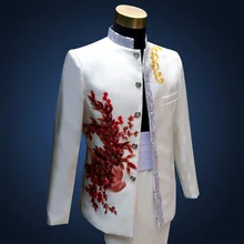 Модные мужские тонкие повседневные белые костюмы в китайском стиле мужские вышитые блестки Стенд воротник хост свадебные блейзеры(куртка+ брюки