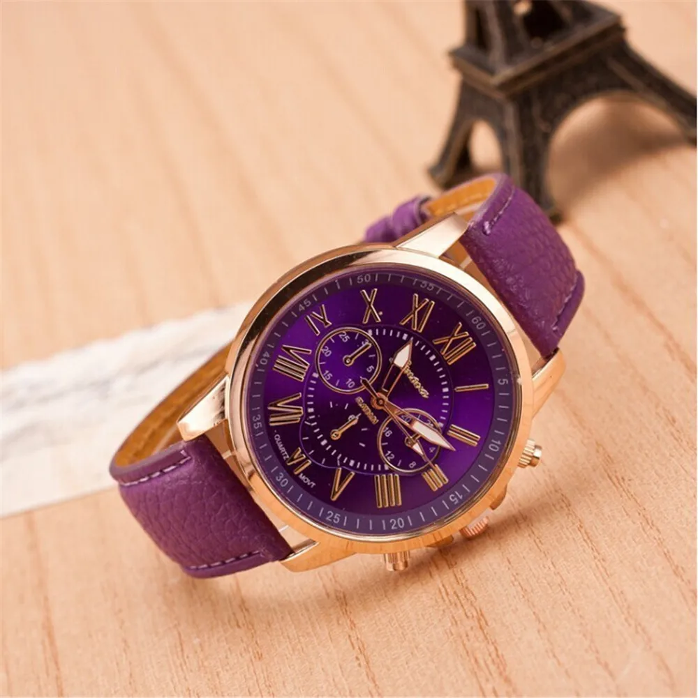 Women Bracelet Watch Korean Fashion Trend Geneva Ladies Fake Three-eye Casual Gold Men's Wrist Watches Couple Belt Table Quartz - Цвет: Фиолетовый