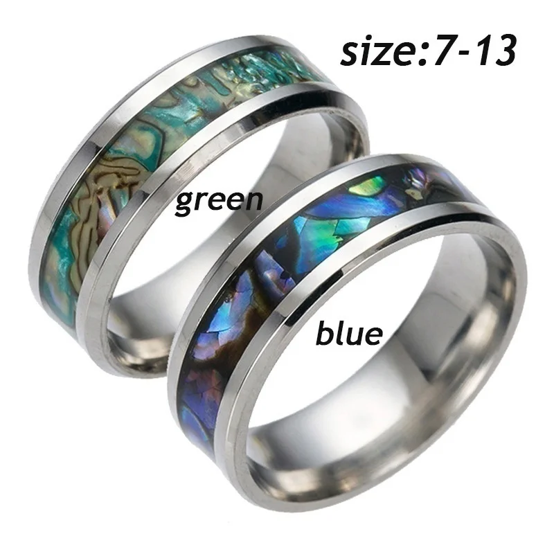Stainless Steel Abalone Shell Inlay Men Women Wedding Band Ring Fashion Jewelry