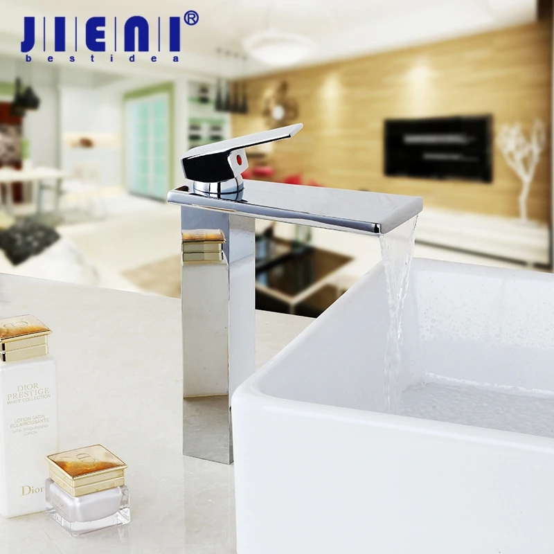 

Waterfall Spout Chrome Finish Bathroom Basin Mixer Taps Kitchen Sink Faucet Hot & Cold Water Mixer Countertop Tap