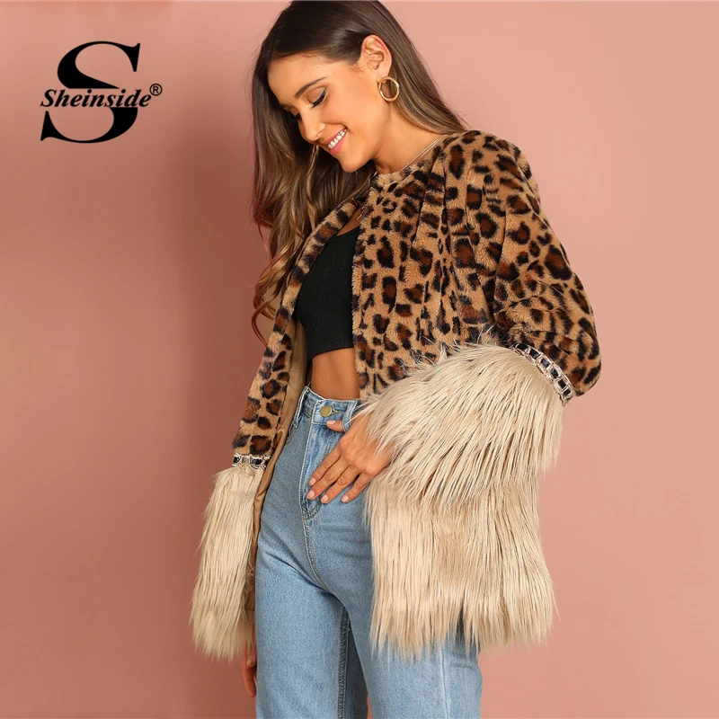 Sheinside Contrast Faux Fur Coat Leopard Print Winter Jacket Women 2018 Long Sleeve Outerwear Casual Womens Coats And Jackets