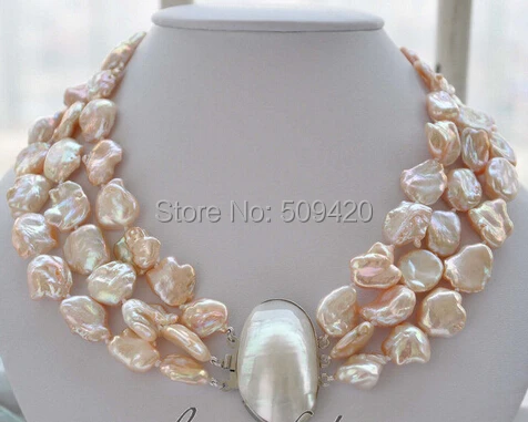 

Free Shipping >>3strands 14mm BAROQUE pink KESHI REBORN PEARL NECKLACE mabe clasp