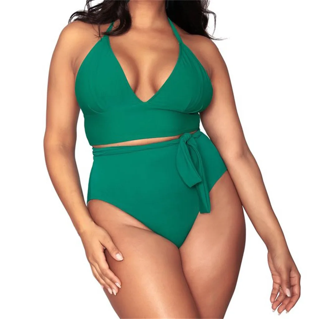 3XL Plus Size Swimwear Women Halter High Waist Bikini 2019 Green Push