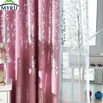 

MYRU Mediterranean navy cloth curtains rural silver trees printed blackout curtians pink curtain green curtain for living room