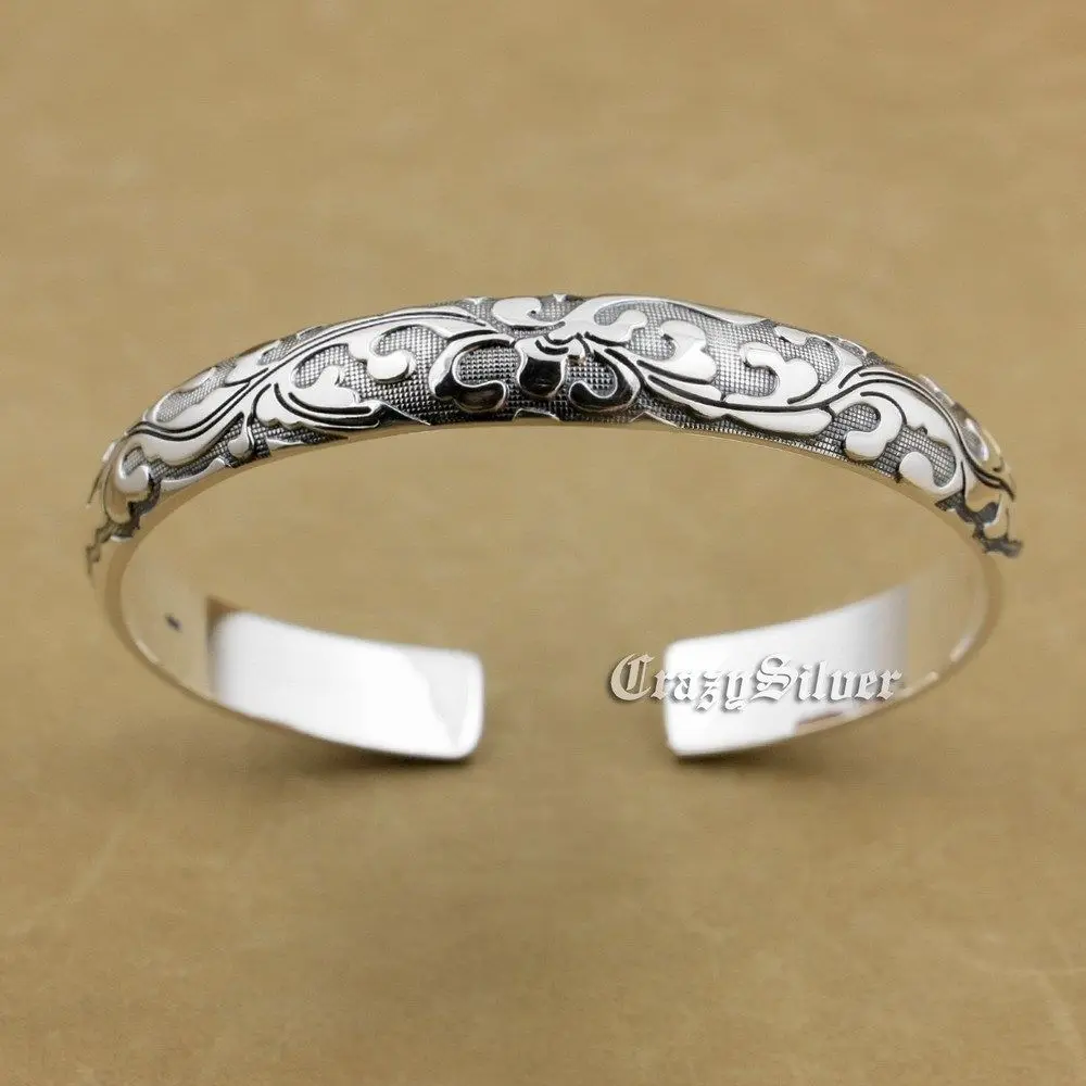 

999 Sterling Silver Charm Flower Biker Rokcer Punk Bracelet Bangle 9A014