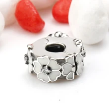 925 пробы Серебряное обручальное кольцо серебро поэтического цветет талисманы с белой эмалью и ясно CZ Европейский бисера Браслет Fit для Для женщин ювелирные изделия