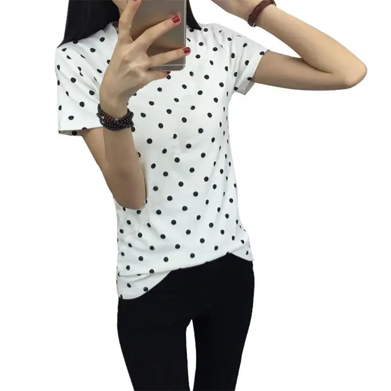 Женская футболка EFINNY черная в горошек с О образным вырезом|women t-shirt|women summer t-shirtwomen