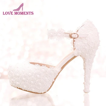 

White Lace Flower Bridal Shoes High Heel Round Toe Fashion Wedding Pumps with Ankle Straps Women Sandals Bridesmaid Shoes