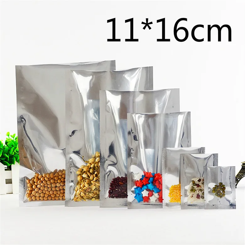 

11*16cm Silver Open Top Aluminum Foil Vacuum Pouches Packaging Pack Bag Clear Heat Seal Bags Food Storage Package Packing Bag