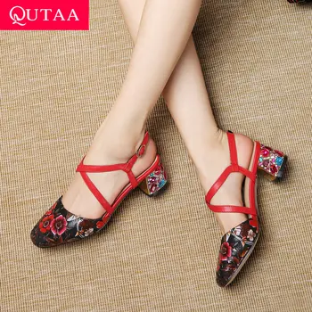 

QUTAA 2019 Women Sandals Rhinestone Coarse Heel Fashion Printing Flowers Sheep Suede Buckle Slingback Ladies Shoes Size 34-43