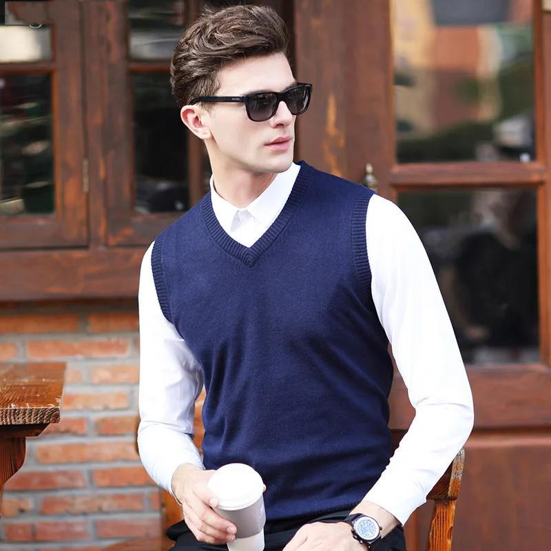 Male Clothing V Neck Sweater Vest solid Color Mens Sleeveless Knit