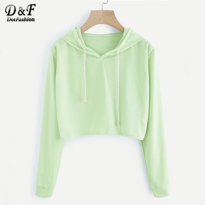 Dotfashion Drawstring Hooded Crop Sweatshirt Green Long