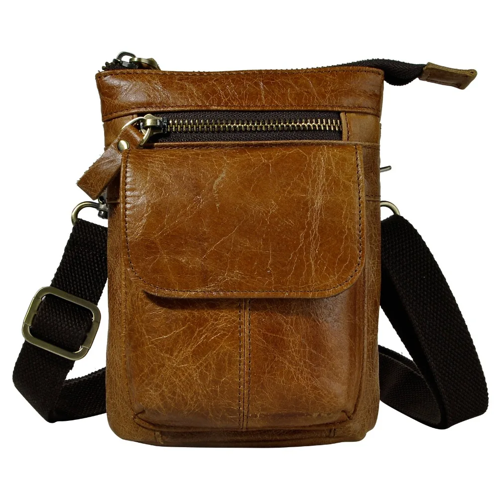

Real Leather Men Multifunction Small Crossbody Bag Messenger One Shoulder Bag Cowhide Hook Waist Belt Bag Cigarette Case 611-18l