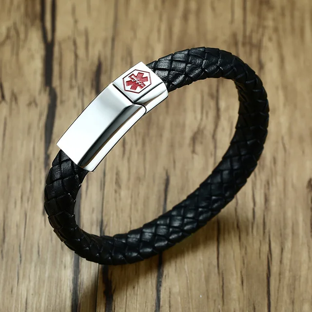 Men Braided Leather Medical Alert ID Bracelet with Stainless Steel