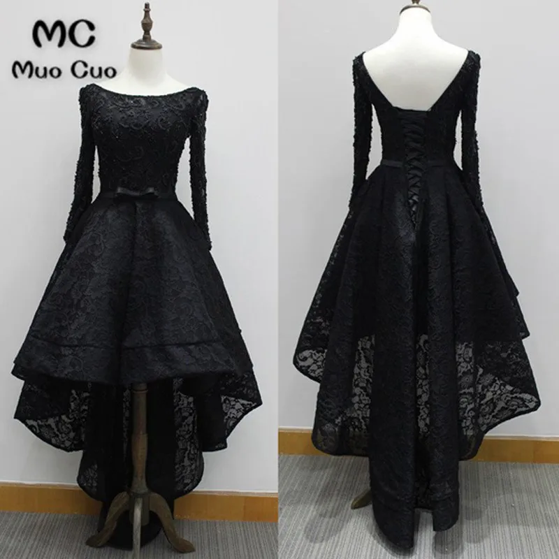 lace up black lace hi-lo long sleeves 2017 prom dress