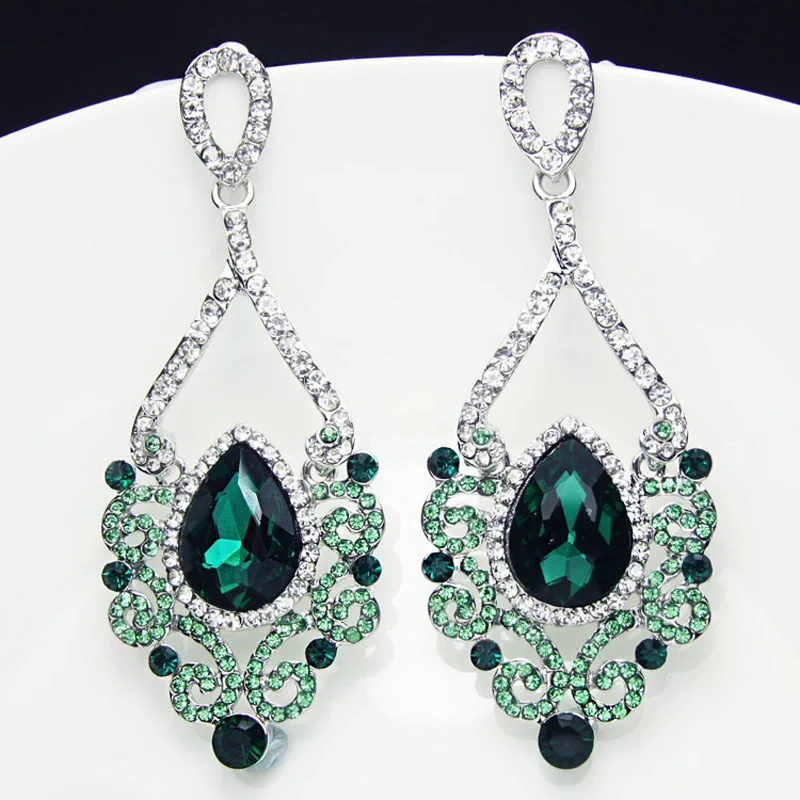 Luxury Crystal Green Earrings for Women Tear Drop Chandelier Earrings