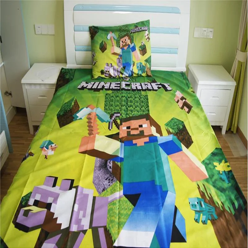 2018new Arrival Cute Minecraft Bedding Set Cartoon Cotton Bed Linen For Children Boy Girl Gift Duvet Cover Flat Sheet Pillowcase In Bedding Sets From