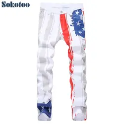 Для мужчин Американский флаг в полоску и со звездами джинсы для женщин Белый Легкий деним цветной окрашенные штаны