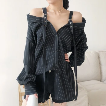 

New Fashion Women Shirt Vertical Stripes Strapless Blouse Tops Female Long Sleeve Loose Ladies Shirts V Neck Sexy Elegant Top