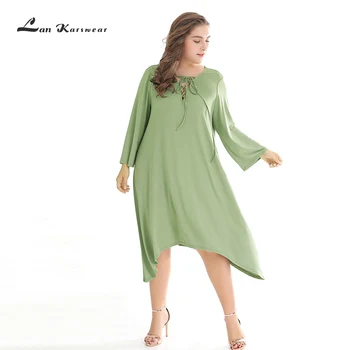 

Lan Karswear Plus Size Dress Spring Long Sleeve Women Dress V-Neck Large Size Beach Maxi Solid Dress Green Casual Loose Dress