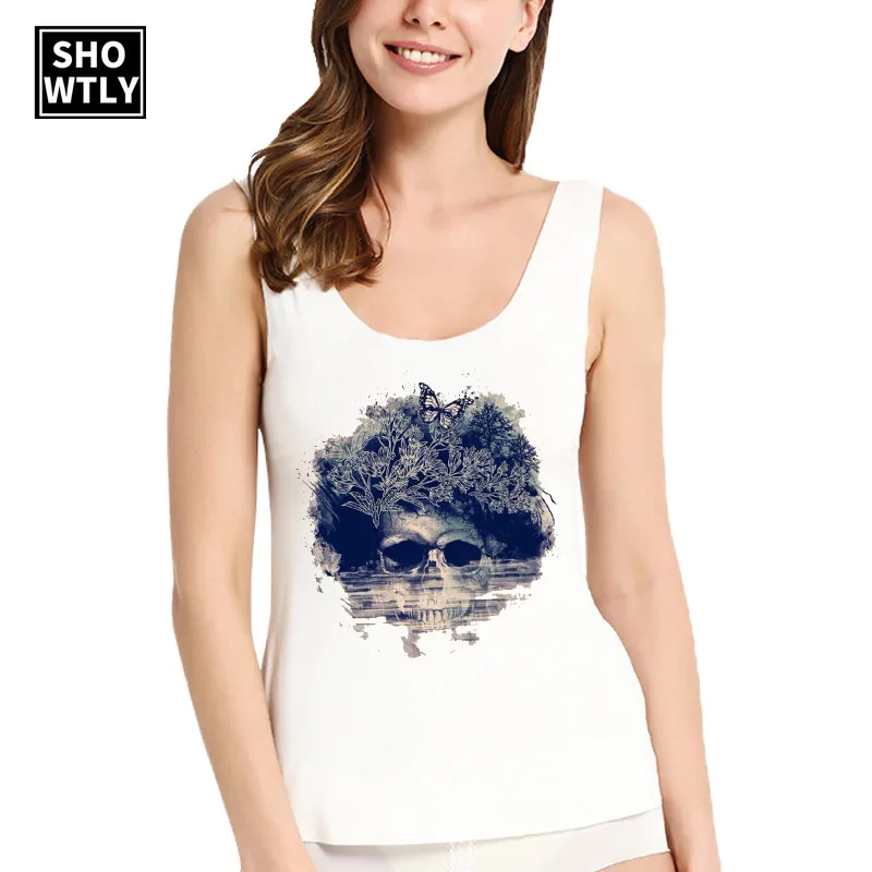 

Showtly Skull Floral trees Butterfly Print Women Sweatshirt Vest Summer Sexy Harajuku Goth Tank Tops