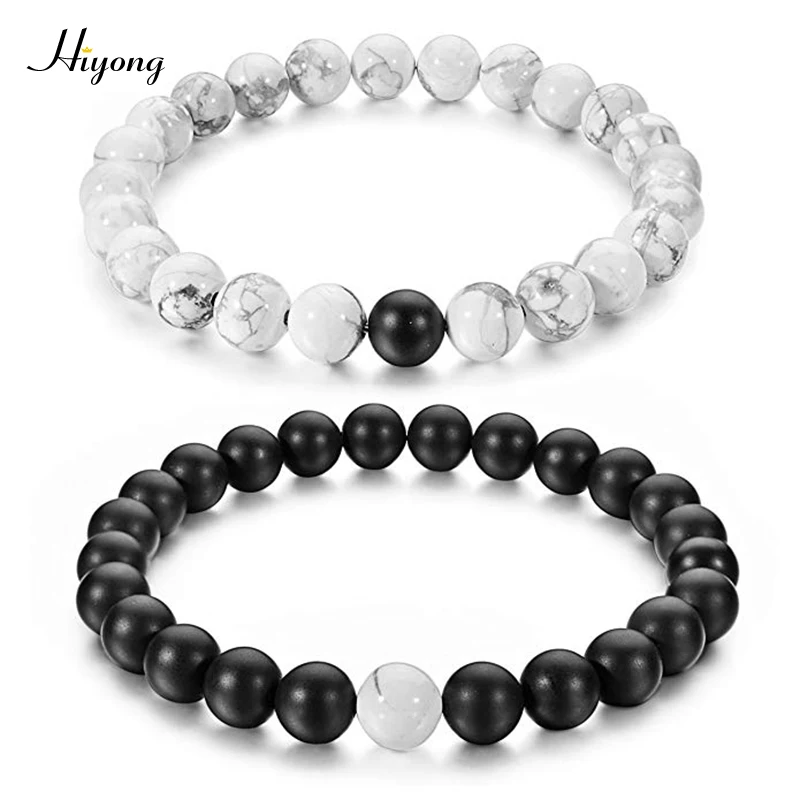 

HIYONG 2Pcs/Set Couples Distance Bracelets Black Matte & White Howlite 8mm Beads Bracelet Natural Stone for Lovers Gifts Jewelry
