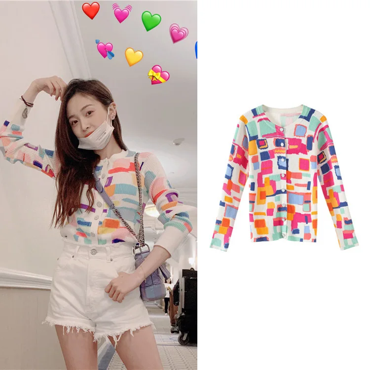 ^Cheap New color printing geometric long sleeved cardigan sweater G0441 circle button temperament cultivate morality